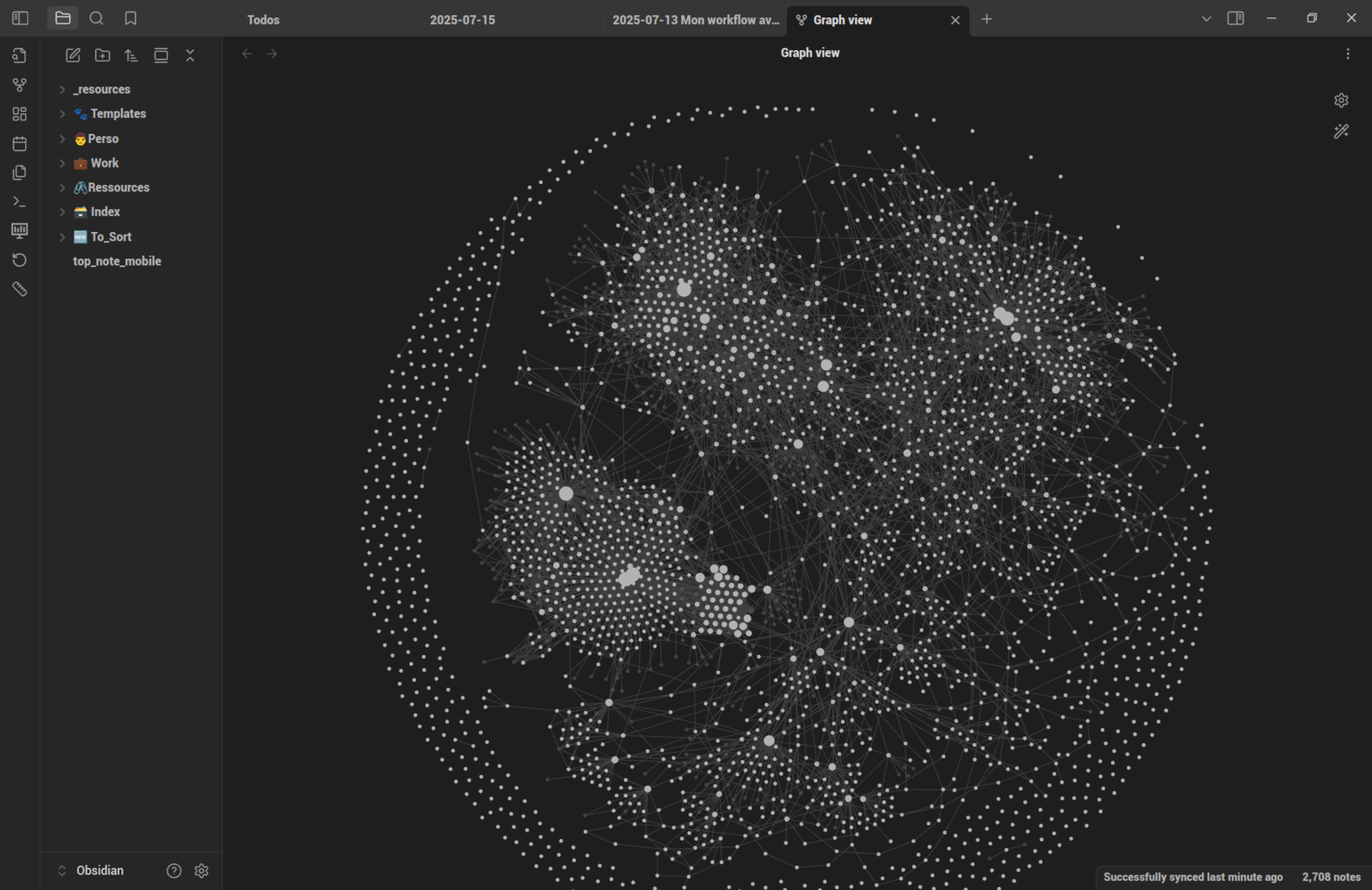 Une capture d’écran d’obsidian et de sa vue gaphique. Chaque point représente une note, et un trait est tracé entre deux notes dès lors qu’elles sont liées