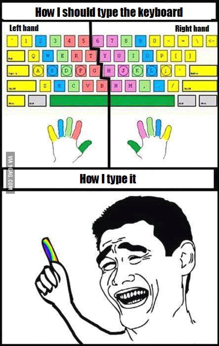 Un meme : on voit un clavier avec chaque touche assigée à un doigt grâce à un système de couleur, puis, moi, avec un doigt multicolor