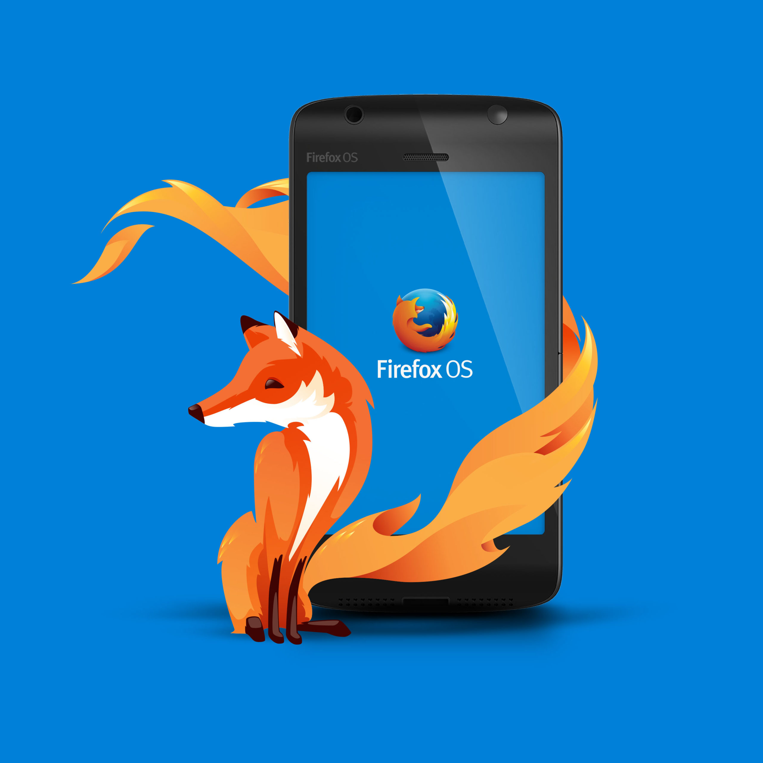 FirefoxOS: Une bannière avec un renard de feu et un téléphone tournant vraisemblablement sous FirefoxOS